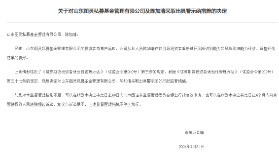 山东图灵私募基金收证监局警示函，销售产品时引导投资者重新风险测评、调整评估结果、向个别投资者承诺保本  第1张